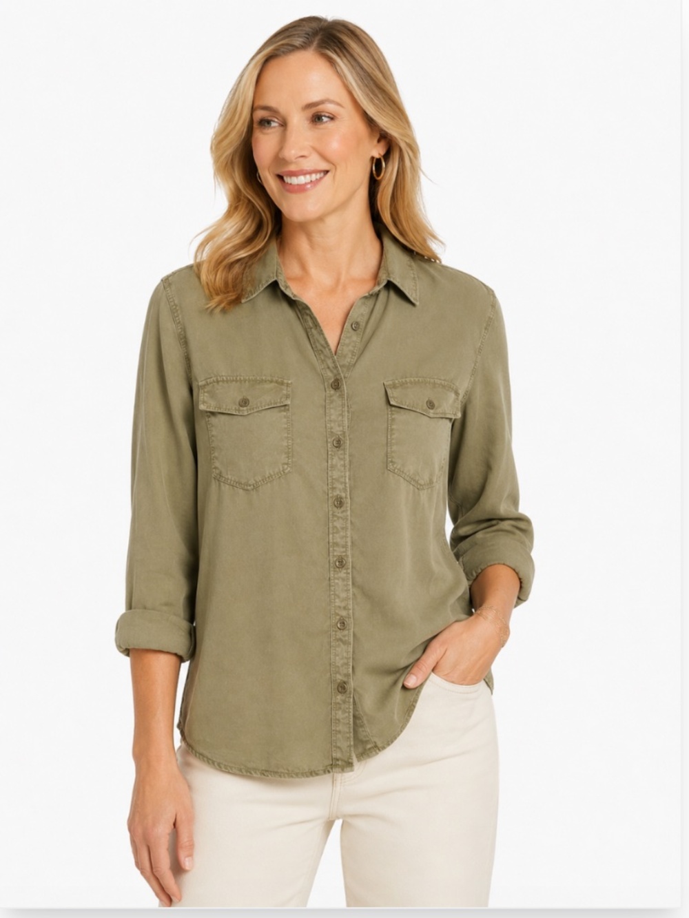 Chico’s Button Down Long Sleeve Business Casual Blouse Olive Green Size Large